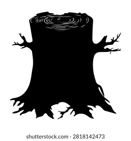 Black silhouette of a tree stump with small branches extending from the sides, isolated on a white background.