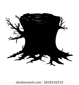 Black silhouette of a tree stump with sprawling branches and roots, isolated on a white background, emphasizing natural growth and decay.
