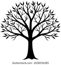 Una silueta negra de un árbol con un tronco grueso y muchas ramas extendidas adornadas con hojas Pequeñas sobre un fondo blanco.