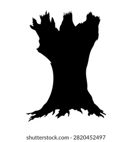 A black silhouette of a tree trunk with roots and branches, emphasizing natural growth and stability in a minimalistic style.