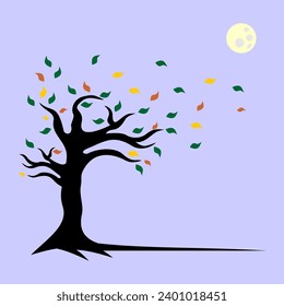 Black silhouette of a tree trunk with twigs and colorful fallen leaves. Suitable for backgrounds, designs, wallpapers. Vector Illustrations