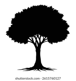 Black Silhouette Tree Vector Illustration With Detailed Branches And Root System