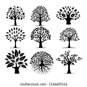 black silhouette tree vector logo design template set