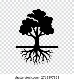 A black silhouette of a tree with visible roots and a horizontal line representing the ground on a transparent background with a grey and white checkerboard pattern