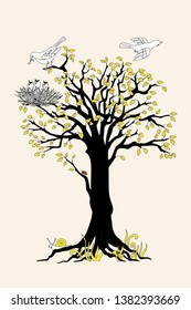 Black silhouette of the tree with yellow leaves, birds and nest. Cartoon vector illustration for children book, home art, decorate kid wall,  poster, flyers and cards design. eps 10