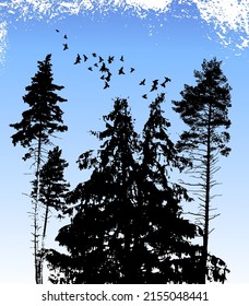 Black silhouette of trees with flying birds. Blue sky. Vector illustration