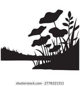 A black silhouette of trees and a grassy hill against a white background, creating a striking and minimalist landscape.