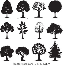 Black silhouette Trees isolated on white background