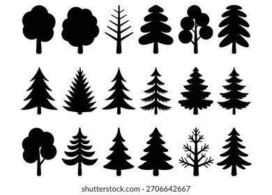 Árvores de silhueta preta vários estilos indeciduous evergreen