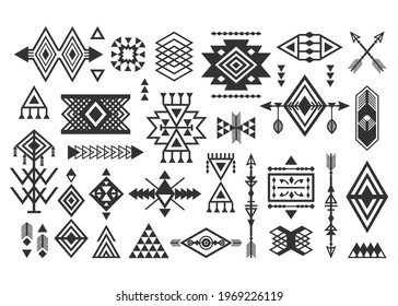 Black silhouette trendy Aztec and tribal signs and symbols design elements set on white background