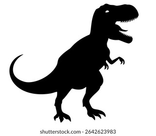 Black silhouette of T-Rex dinosaur standing with mouth open. Clipart image isolated on background.