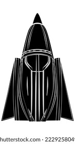 Black silhouette of triangle spaceship isolated on white. Aggressive form similar fighter aircraft. Vector design element.