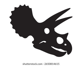 Silhueta preta do crânio de Triceratops com chifres grandes e preenchimento, isolado no fundo branco, ilustração gráfica. Conceito de esqueleto de dinossauro pré-histórico, fóssil de ceratopsia, elemento de design.