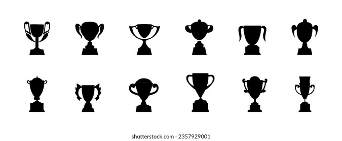 Black silhouette Trophy cup set isolated on white background. Vector illustration