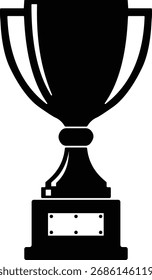 Una silueta negra de un trofeo con asas y una base, aislada sobre un fondo blanco limpio, que representa el logro y la victoria.