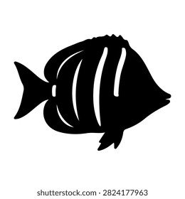 A black silhouette of a tropical fish with distinctive stripes, swimming in water, emphasizing aquatic life and marine environment.