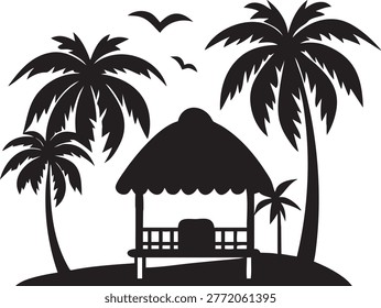 a black silhouette of a tropical hut surrounded by palm trees and flying birds against a white background