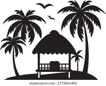 a black silhouette of a tropical hut surrounded by palm trees and flying birds against a white background.