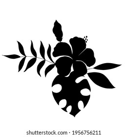 Black silhouette of tropical leaves of palm trees and hibiscus flowers. Vector illustration.