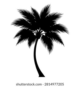 A black silhouette of a tropical palm tree with detailed fronds and a curved trunk, isolated on a white background, emphasizing its natural shape and texture.