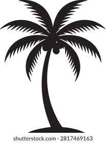 Black silhouette of a tropical palm tree with coconuts hanging from the fronds isolated on a white background, for summer
