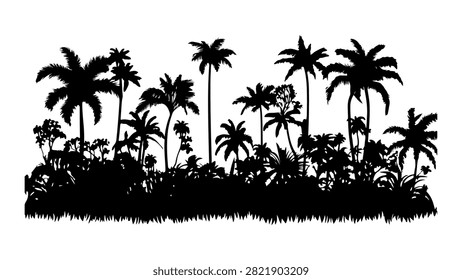 Black silhouette of tropical palm trees and lush vegetation against a plain background, emphasizing natural beauty and tropical landscape features.