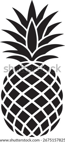 Black silhouette of a tropical pineapple with leafy crown, shown in clean flat vector style and isolated on a white background. Ideal for logos, stickers, packaging, and summer-themed designs.