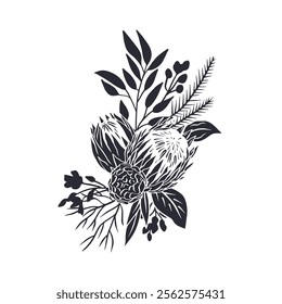 Black silhouette of tropical protea flowers and leaves bouquet. Boho floral monochrome composition isolated on white background