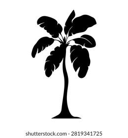 Black silhouette of a tropical tree with large, broad leaves, isolated on a white background, emphasizing natural plant shapes and forms.