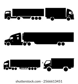 Black silhouette truck collection. Car and cargo and cabin