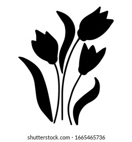 Black silhouette of tulips flowers. Silhouette for print, stamp in minimalist art. Hand drawn full tulips. Black tulips on isolated a white background. Vector illustration.