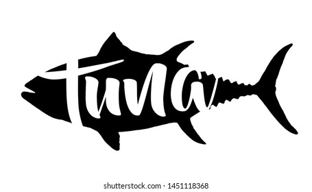 Black silhouette Tuna fish symbol on white background, Vector. Sport fishing club, restaurant, canned, food logo. Thunnus thynnus