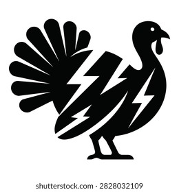 A black silhouette of a turkey with lightning bolts on its feathers stands on a white background, creating a striking and unique visual representation of a bird