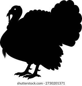 A black silhouette of a turkey stands with its tail fanned out. The bird is depicted in profile against a white background.