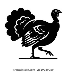 A black silhouette of a turkey walking with its feathers and tail puffed out, isolated on a white background