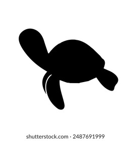 Black silhouette of turtle isolated on white background, sea life, design element, vector.