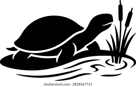 Black silhouette of a turtle in a marsh with silhouette