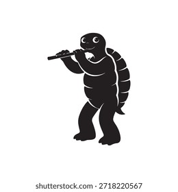 Black silhouette of a turtle playing a flute on a white background tortoise animal