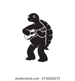 Silueta negra de una tortuga tocando un ukelele en un instrumento de música de fondo blanco