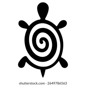 Black silhouette of turtle with spiral shell design on white background. Clipart image isolated on background.