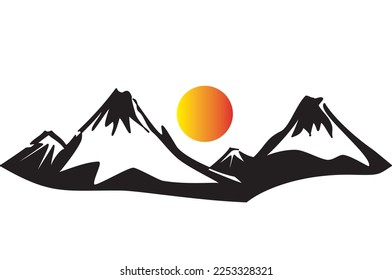 Black silhouette of twin mountains and full sun in firs snow. Vector mountains for icon, logo, travel poster, tourism card winter travel. Vector illustration winter landscape.