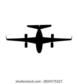 A black silhouette of a twin-engine airplane viewed from below, showcasing its wingspan and tail design against a plain background.