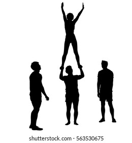 Black silhouette two acrobats show stand on hand. Vector illustration
