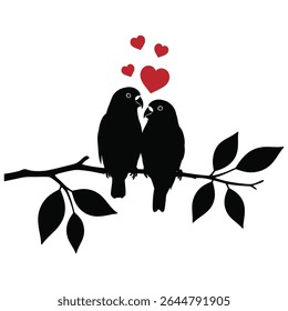 Black silhouette of two birds perched on a branch with red hearts above them simple minimalist design