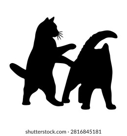 Black silhouette of two cats interacting playfully, showcasing feline behavior and companionship in a minimalistic style.
