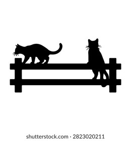Black silhouette of two cats perched on a wooden fence, one walking and the other sitting, against a plain background, emphasizing feline curiosity and companionship.