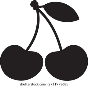 Black Silhouette of Two Cherries with Stem and Leaf