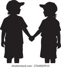 Black silhouette of two children holding hands, representing friendship, unity, and connection. Minimalist vector illustration with clean shapes and strong contrast, ideal for concepts such as teamwork, childhood, trust, and social bonding. Isolated on white background, suitable for educational, family, and communication themes.