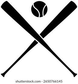 Silhueta preta de dois morcegos de beisebol cruzados em com bola, em um fundo transparente