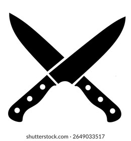 Black silhouette of two crossed chef knives on a white background. Perfect for culinary logos, kitchen branding, or food-related designs.